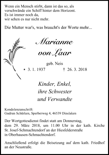 Traueranzeige von Marianne von Laar von Wochen-Anzeiger Oberhausen