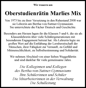 Traueranzeige von Marlies Mix von Wochen-Anzeiger Oberhausen