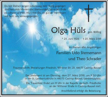 Traueranzeige von Olga Hüls von Stadtanz.Castrop-Rauxel