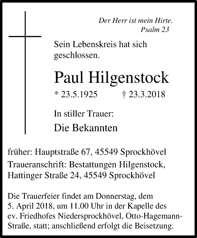  Traueranzeige für Paul Hilgenstock vom 31.03.2018 aus Stadtspiegel Hattingen/Niedersprockhövel