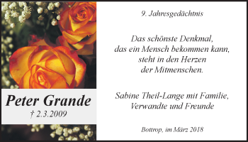 Traueranzeige von Peter Grande von Stadtspiegel Bottrop