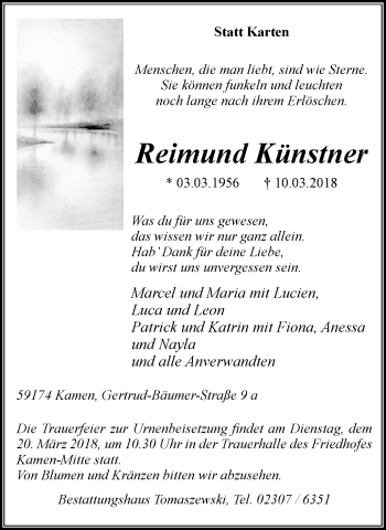 Traueranzeige von Reimund Künstner von Stadtspiegel Kamen + Unna