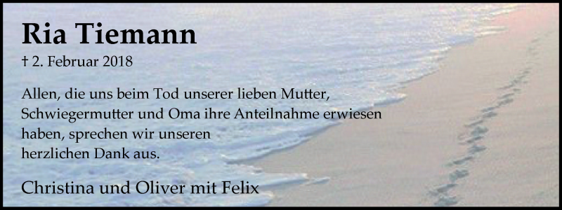  Traueranzeige für Ria Tiemann vom 10.03.2018 aus Lüner Anzeiger