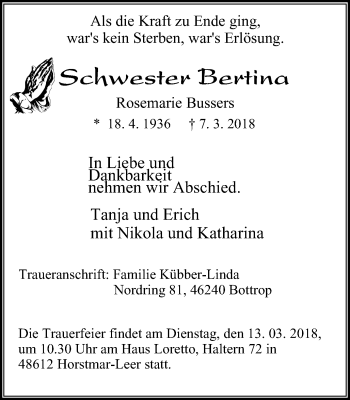 Traueranzeige von Rosemarie Bussers von Stadtspiegel Bottrop