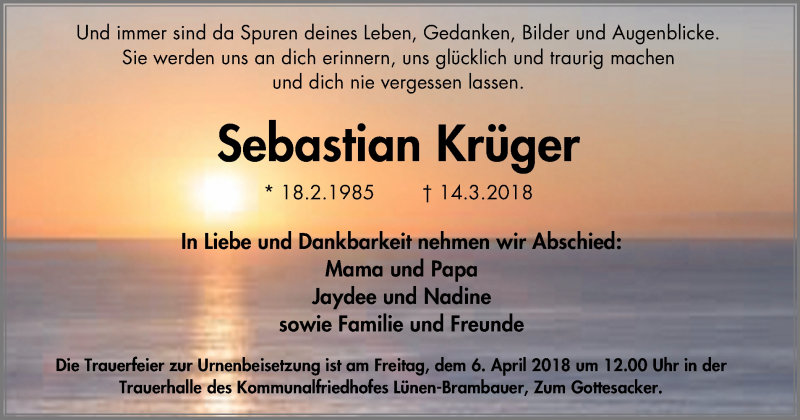  Traueranzeige für Sebastian Krüger vom 31.03.2018 aus Lüner Anzeiger