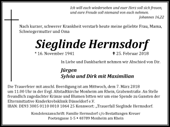 Traueranzeige von Sieglinde Hermsdorf von Wochen-Anzeiger Langenfeld/Monheim/Hilden