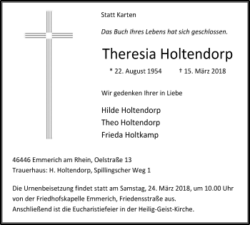 Traueranzeige von Theresia Holtendorp von Stadtanzeiger Emmerich/Rees/Isselburg