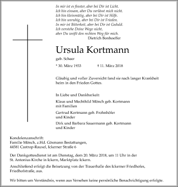 Traueranzeige von Ursula Kortmann von Stadtanz.Castrop-Rauxel