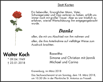 Traueranzeige von Walter Koch von Klever Wochenblatt