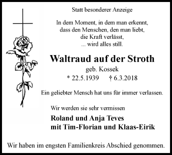 Traueranzeige von Waltraud auf der Stroth von Stadtspiegel Iserlohn + Hemer