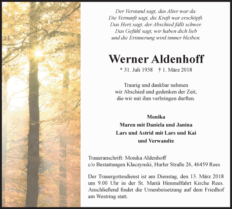  Traueranzeige für Werner Aldenhoff vom 07.03.2018 aus Stadtanzeiger Emmerich/Rees/Isselburg