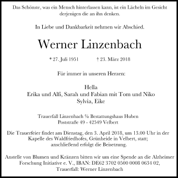 Traueranzeige von Werner Linzenbach von Stadtanzeiger Velbert + Heiligenhaus