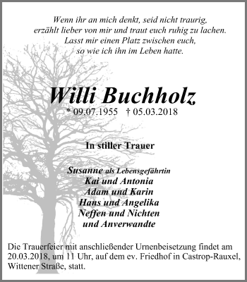 Traueranzeige von Willi Buchholz von Stadtanz.Castrop-Rauxel