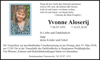 Traueranzeige von Yvonne Aloserij von Stadtspiegel Kamen + Unna