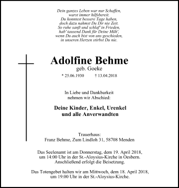 Traueranzeige von Adolfine Behme von Stadtspiegel Menden + Froendenberg