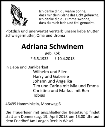 Traueranzeige von Adriana Schwinem von Der Weseler + Der Xantener