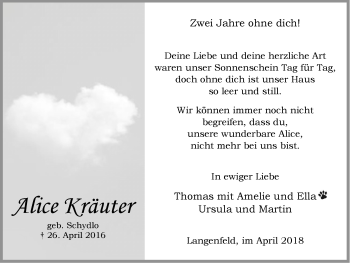 Traueranzeige von Alice Kräuter von Wochen-Anzeiger Langenfeld/Monheim/Hilden