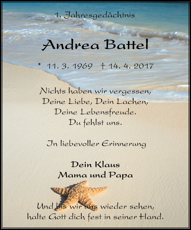  Traueranzeige für Andrea Battel vom 14.04.2018 aus Stadtspiegel Bottrop