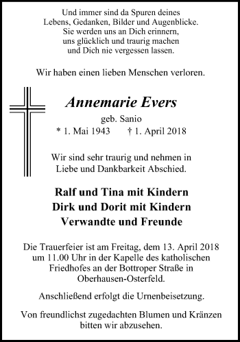 Traueranzeige von Annemarie Evers von Wochen-Anzeiger Oberhausen