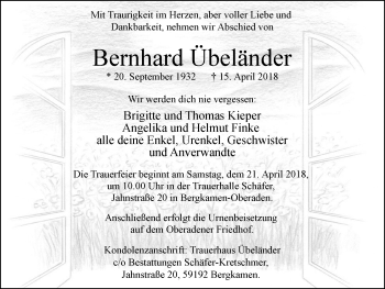 Traueranzeige von Bernhard Übeländer von Stadtspiegel Kamen + Unna
