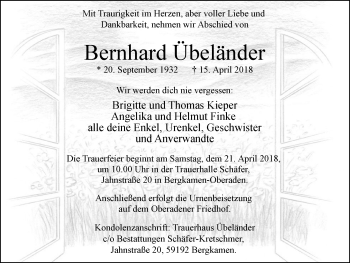 Traueranzeige von Bernhard Übeländer von Lüner Anzeiger