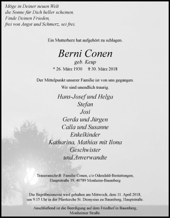 Traueranzeige von Berni Conen von Wochen-Anzeiger Langenfeld/Monheim/Hilden