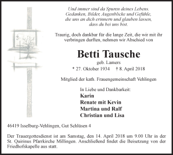 Traueranzeige von Betti Tausche von Stadtanzeiger Emmerich/Rees/Isselburg