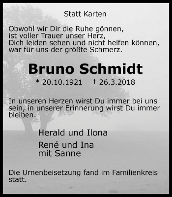 Traueranzeige von Bruno Schmidt von Wochen-Anzeiger Duisburg
