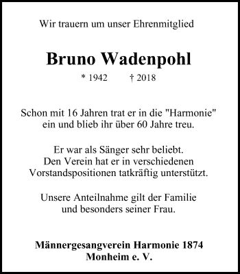 Traueranzeige von Bruno Wadenpohl von Wochen-Anzeiger Langenfeld/Monheim/Hilden