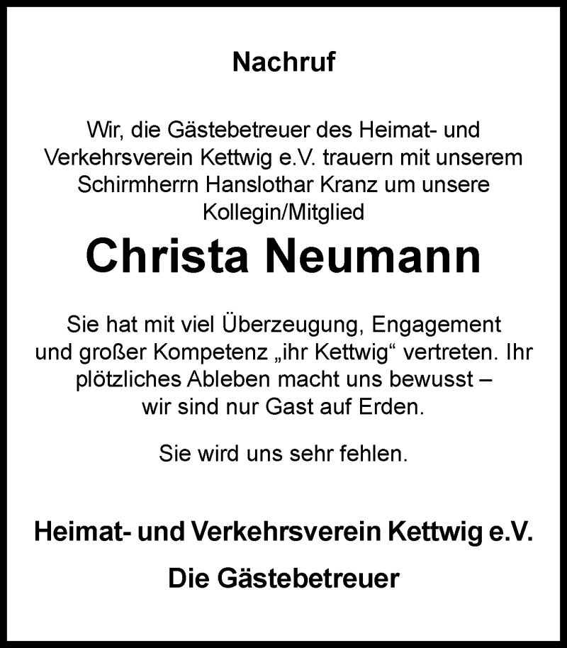  Traueranzeige für Christa Neumann vom 07.04.2018 aus Kettwig Kurier