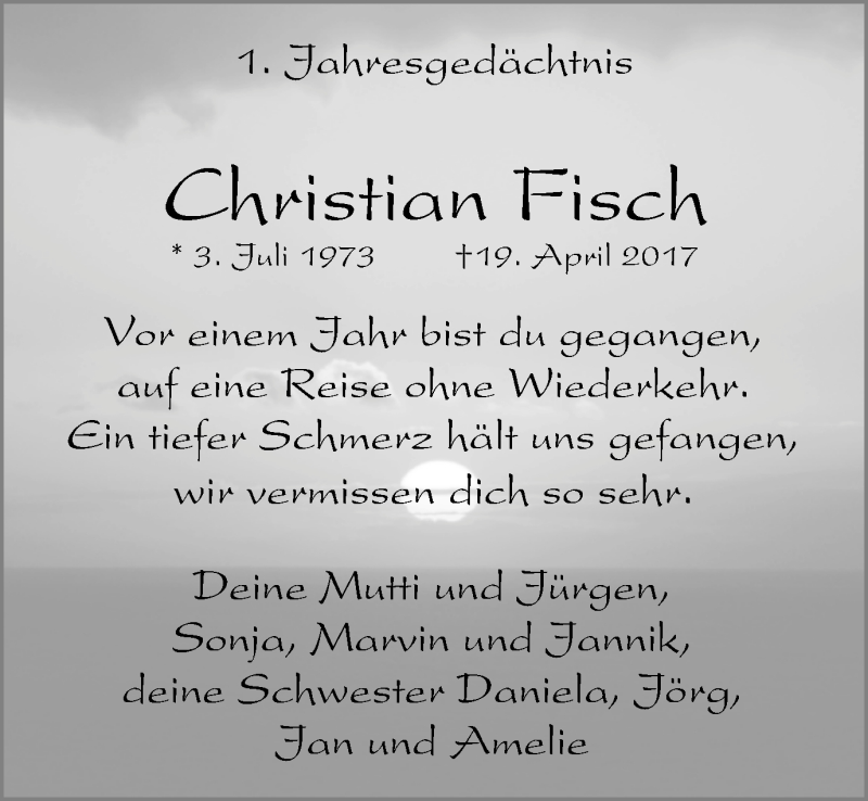  Traueranzeige für Christian Fisch vom 21.04.2018 aus Wochenblatt Herne/Wanne-Eickel