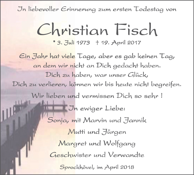  Traueranzeige für Christian Fisch vom 18.04.2018 aus Stadtspiegel Hattingen/Niedersprockhövel