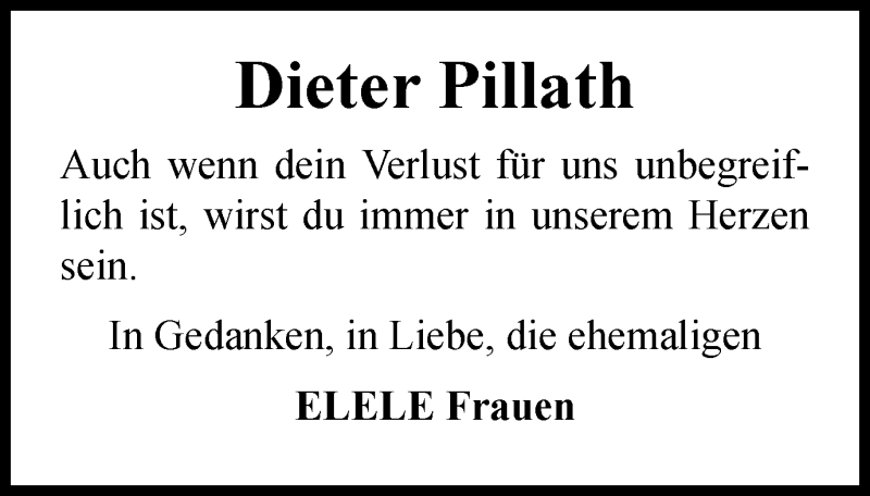 Traueranzeigen von Dieter Pillath TrauerinNRW.de