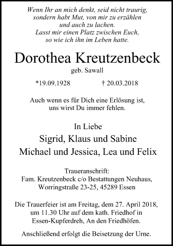 Traueranzeige von Dorothea Kreutzenbeck von Ruhr Kurier