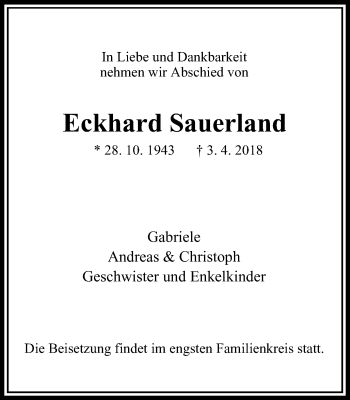 Traueranzeige von Eckhard Sauerland von Stadtanzeiger Velbert + Heiligenhaus