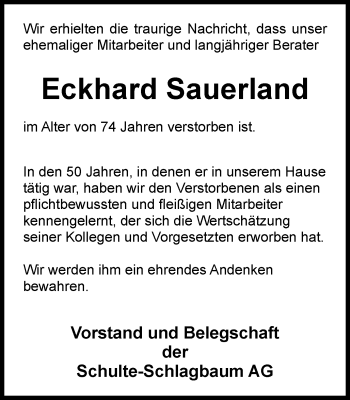 Traueranzeige von Eckhard Sauerland von Stadtanzeiger Velbert + Heiligenhaus