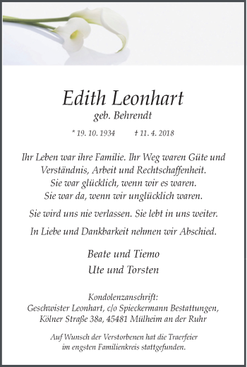 Traueranzeige von Edith Leonhart von Mülheimer Woche