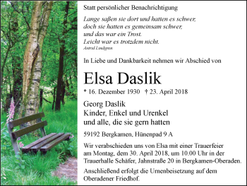 Traueranzeige von Elsa Daslik von Stadtspiegel Kamen + Unna