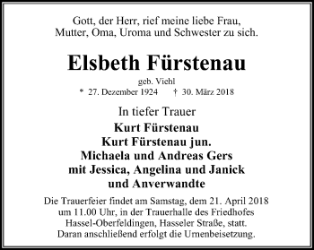 Traueranzeige von Elsbeth Fürstenau von Stadtspiegel Gelsenkirchen