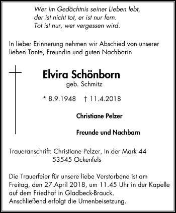 Traueranzeige von Elvira Schönborn von Stadtspiegel Gladbeck