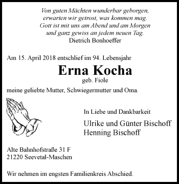 Traueranzeige von Erna Kocha von Wochen-Anzeiger Oberhausen