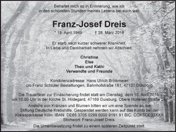 Traueranzeige von Franz-Josef Dreis von Wochen-Anzeiger Oberhausen