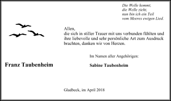 Traueranzeige von Franz Taubenheim von Stadtspiegel Gelsenkirchen