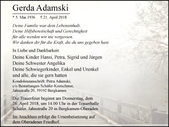 Traueranzeige von Gerda Adamski von Lüner Anzeiger