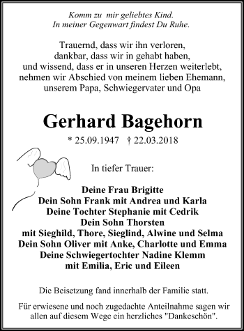 Traueranzeige von Gerhard Bagehorn von Stadtanzeiger Velbert + Heiligenhaus