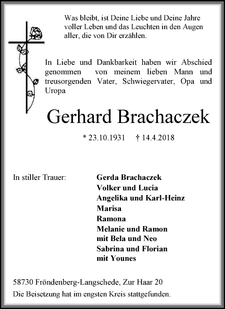  Traueranzeige für Gerhard Brachaczek vom 28.04.2018 aus Stadtspiegel Menden + Froendenberg