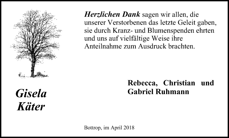  Traueranzeige für Gisela Käter vom 28.04.2018 aus Stadtspiegel Bottrop