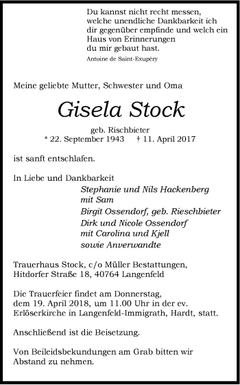 Traueranzeige von Gisela Stock von Wochen-Anzeiger Langenfeld/Monheim/Hilden