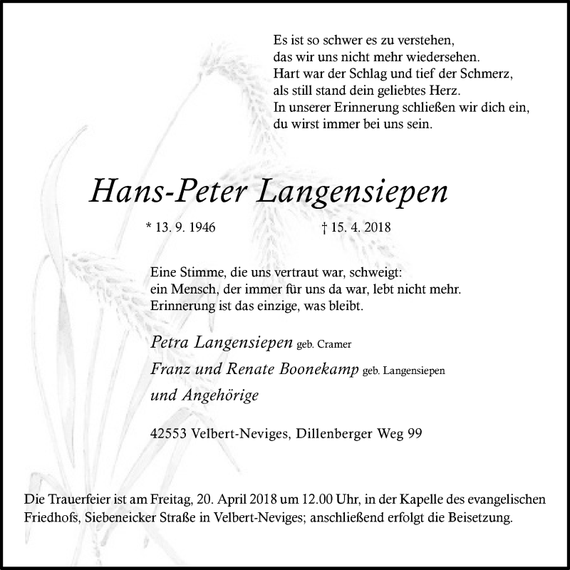  Traueranzeige für Hans-Peter Langensiepen vom 18.04.2018 aus Stadtanzeiger Velbert + Heiligenhaus