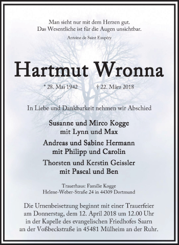 Traueranzeige von Hartmut Wronna von Mülheimer Woche